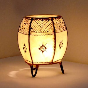 Oriental henna lamp Barmil white H15cm, Moroccan lamp frame made of iron hand-forged lampshade made of leather hand-painted 330331