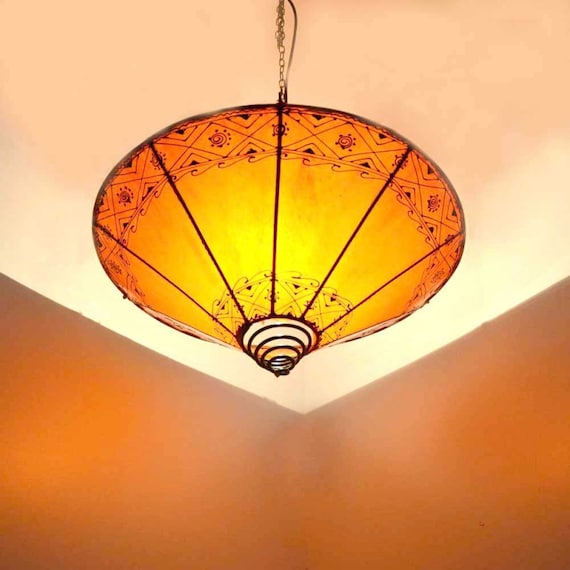 Oriental lamp cone orange H 45 cm, Moroccan hanging lamp Arabic ceiling  lamp made of leather chandelier Orient 210225