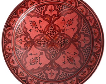 Handbemalter Keramikteller Tadelakt Rot D43 cm, Handgefertigt aus Marrakesch, runde Platte Keramik, flache keramikplatte Marokkanisch