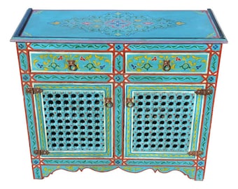 Moroccan Hand-Painted Chest of Drawers Turquoise Solid Wood | Oriental Handcrafted Nightstand Vintage Style | Asian Sideboard Lowboard