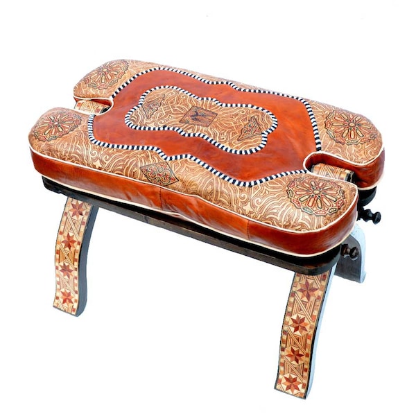 Tabouret oriental chameau avec coussin de siège en cuir et cadre pliant en bois massif tabouret ottoman fait à la main 420420