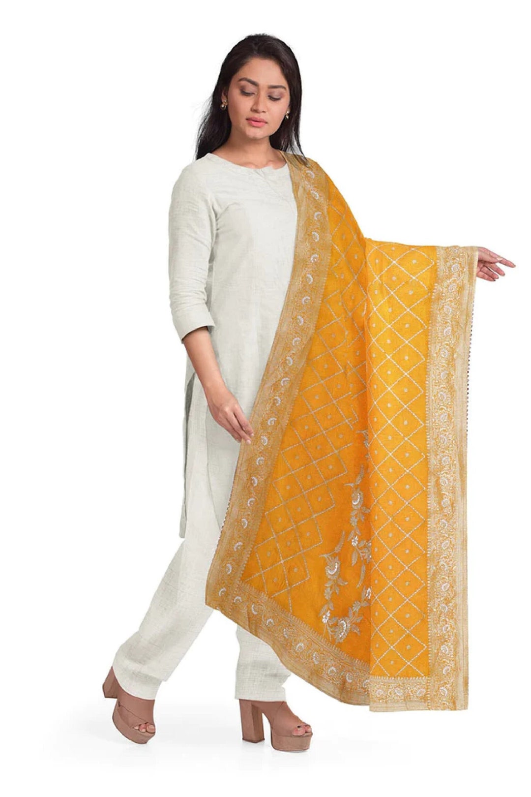 Yellow Silk Jacquard Dupatta Bridal Wedding Dupatta for Etsy