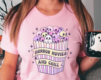 Horror Movies and Chill T-Shirt: Pink Halloween Skulls Comfort Colors Tee
