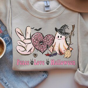 Peace Love and Halloween Crewneck Sweatshirt | Halloween Groovy Ghosts Sweatshirts for Her | Cute Halloween Sweaters | Spooky Gifts