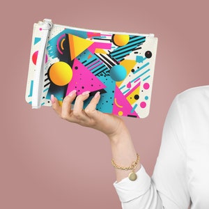 90s Geometric Vegan Leather Clutch Bag: Retro Wristlet Coin Purse