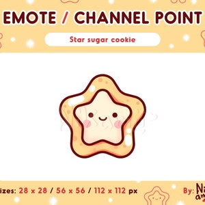 May include: A cartoon illustration of a yellow star-shaped sugar cookie with a smiling face. The cookie is outlined in brown and has a white icing design. The text "EMOTE / CHANNEL POINT" and "Star sugar cookie" is displayed above the cookie. The text "Sizes: 28 x 28 / 56 x 56 / 112 x 112 px" and "By: Nik amii" is displayed below the cookie.