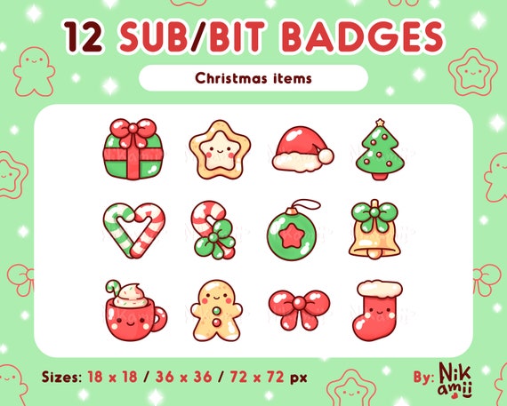 12 Christmas Sub badges / Cheer Bit badges / For Twitch, Discord roles / Green, red, yellow Holiday items / Cute winter, Xmas badges