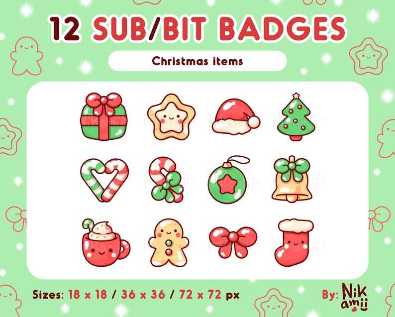 Puede incluir: Doce insignias de tem&aacute;tica navide&ntilde;a para usar en redes sociales. Las insignias presentan una variedad de im&aacute;genes festivas, que incluyen una caja de regalo, un hombre de jengibre, un &aacute;rbol de Navidad y una media. Las insignias est&aacute;n disponibles en tres tama&ntilde;os: 18 x 18 p&iacute;xeles, 36 x 36 p&iacute;xeles y 72 x 72 p&iacute;xeles.
