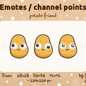 Könnte beinhalten: Drei animierte Kartoffel-Emojis mit großen Augen und einem Lächeln. Die Emojis sind in verschiedenen Größen: 28x28, 56x56, 112x112 und 224x224 Pixel. Der Text "Emotes / channel points" und "potato friend" befindet sich oben im Bild. Der Text "by: Nik amii" befindet sich unten im Bild.