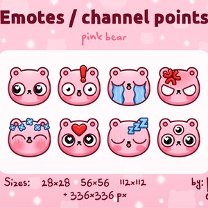 Pink bear - Emotes / Channel points / Set / Kawaii / Streamer / For Twitch, Kick, Discord / Cute pastel teddy bear head, face static emotes