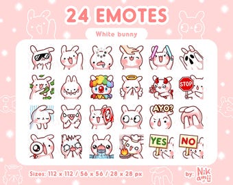 Bunny emote set / 24 cute white bunny rabbit emotes for stream / Twitch, Discord emote bundle #2