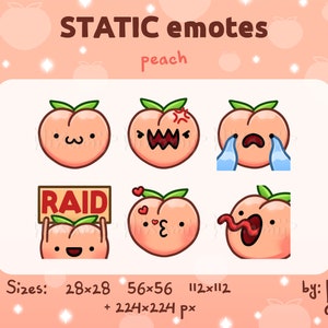 Peut inclure: Six variations d'emoji de pêche avec différentes expressions faciales, y compris une pêche tenant un panneau qui dit "RAID". Les emojis sont de différentes tailles, notamment 28x28, 56x56, 112x112 et 224x224 pixels.