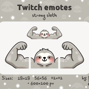 Może przedstawiać: Kreskówkowy leniwiec z dużymi, umięśnionymi ramionami, które się uginają. Leniwiec jest szary z różowym nosem i policzkami. Tekst "Twitch emotes strong sloth" znajduje się w górnej części obrazu. Tekst "Sizes: 28x28 56x56 112x112 + 600x200 px" znajduje się w dolnej lewej części obrazu. Tekst "by: Nik amii" znajduje się w dolnej prawej części obrazu.