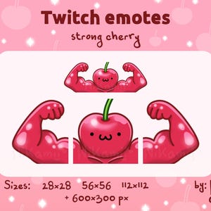May include: A set of four Twitch emotes featuring a red cherry with a smiling face and flexing its biceps. The emotes are available in four sizes: 28x28, 56x56, 112x112, and 600x300 pixels. The text "Twitch emotes strong cherry" is displayed above the emotes. The text "by: Nik amii" is displayed below the emotes.