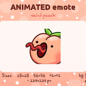 Może przedstawiać: Animowana emotka przedstawiająca brzoskwinię z robakiem wystającym z jej ust. Brzoskwinia jest różowa z zielonym listkiem na górze. Robak jest czerwony. Tekst "weird peach" znajduje się nad brzoskwinią. Tekst "Sizes: 28x28 56x56 112x112 + 224x224 px" znajduje się pod brzoskwinią. Tekst "by: Nik amii" znajduje się po prawej stronie brzoskwini.