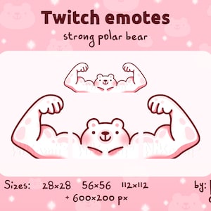 Strong polar bear - emotes for Twitch, Discord / Stream / Cute / Winter / Funny / Macho / Muscular / White and pink bear emotes