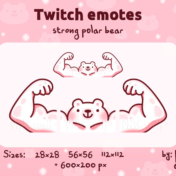 Strong polar bear - emotes for Twitch, Discord / Stream / Cute / Winter / Funny / Macho / Muscular / White and pink bear emotes