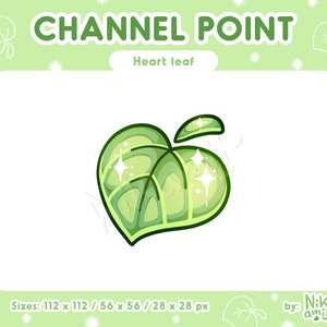 Op de afbeelding: Een groen hartvormig blad met een lichter groen centrum en glinsterende details. Het blad is zwart omlijnd en heeft een kleine groene steel aan de bovenkant. De tekst "CHANNEL POINTS" en "Heart leaf" bevinden zich boven het blad, en de tekst "Sizes: 112 x 112 / 56 x 56 / 28 x 28 px" en "by: Nik amii" bevinden zich onder het blad.