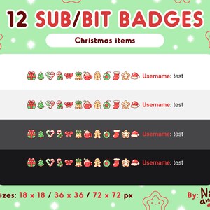 Puede incluir: Doce insignias con tem&aacute;tica navide&ntilde;a para Twitch u otras plataformas en l&iacute;nea. Las insignias presentan una variedad de iconos festivos, que incluyen una caja de regalo, un &aacute;rbol de Navidad, un bast&oacute;n de caramelo, un lazo, una campana, una taza de chocolate caliente, un hombre de jengibre, un adorno, una media, una estrella y un gorro de Pap&aacute; Noel. Las insignias est&aacute;n disponibles en tres tama&ntilde;os: 18 x 18 p&iacute;xeles, 36 x 36 p&iacute;xeles y 72 x 72 p&iacute;xeles.