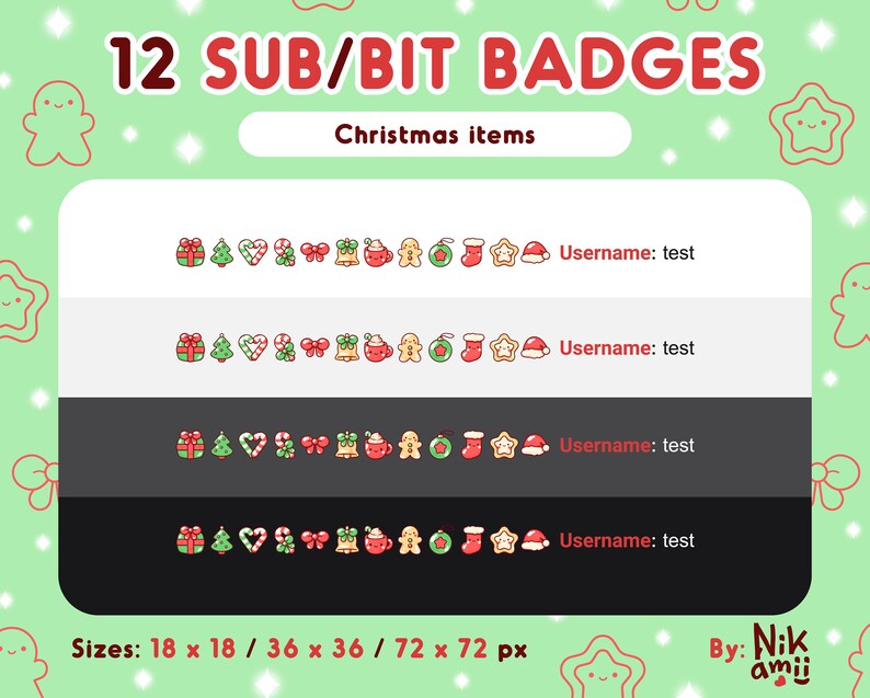 Puede incluir: Doce insignias con tem&aacute;tica navide&ntilde;a para Twitch u otras plataformas en l&iacute;nea. Las insignias presentan una variedad de iconos festivos, que incluyen una caja de regalo, un &aacute;rbol de Navidad, un bast&oacute;n de caramelo, un lazo, una campana, una taza de chocolate caliente, un hombre de jengibre, un adorno, una media, una estrella y un gorro de Pap&aacute; Noel. Las insignias est&aacute;n disponibles en tres tama&ntilde;os: 18 x 18 p&iacute;xeles, 36 x 36 p&iacute;xeles y 72 x 72 p&iacute;xeles.