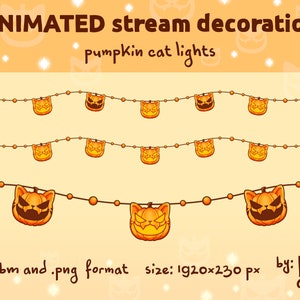 May include: Animated Halloween stream decoration with a string of pumpkin cat lights. The lights are orange and black and have a spooky expression. The text on the image reads "ANIMATED stream decoration pumpkin cat lights .webm and .png format size: 1920×230 px by: Nik amii"