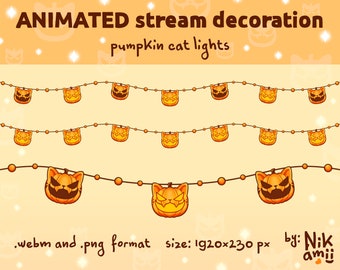 ANIMATED stream decoration - pumpkin cat lights / Cute stream decor for Halloween / Halloween lights / String lights / Streamer