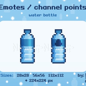 Könnte beinhalten: Eine Pixel-Art-Illustration einer blauen Wasserflasche. Das Bild zeigt die Flasche in vier verschiedenen Größen: 28x28, 56x56, 112x112 und 224x224 Pixel. Der Text "Emotes / channel points" und "water bottle" befindet sich oben im Bild. Der Text "Sizes:" und "by: Nik amii" befindet sich unten im Bild.