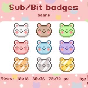 Puede incluir: Nueve insignias de osos de pixel art en varios colores, incluyendo blanco, marrón, verde, rosa, azul, morado, naranja, gris y amarillo. Las insignias están disponibles en tres tamaños: 18x18 píxeles, 36x36 píxeles y 72x72 píxeles. El texto "Sub/Bit badges" y "bears" está en la parte superior de la imagen. El texto "Sizes: 18x18 36x36 72x72 px" y "by: Nik amii" está en la parte inferior de la imagen.