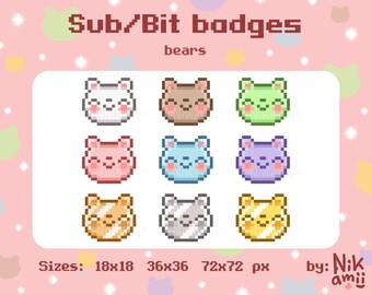 May include: Nine pixel art bear badges in various colors, including white, brown, green, pink, blue, purple, orange, gray, and yellow. The badges are available in three sizes: 18x18 pixels, 36x36 pixels, and 72x72 pixels. The text "Sub/Bit badges" and "bears" is at the top of the image. The text "Sizes: 18x18 36x36 72x72 px" and "by: Nik amii" is at the bottom of the image.