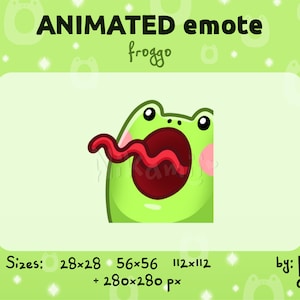 Puede incluir: Emoticono animado de una rana verde con la lengua roja fuera, con el texto "froggo" y "Sizes: 28x28 56x56 112x112 + 280x280 px" y "by: Nik amii" debajo de la rana.
