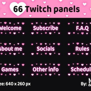 66 Twitch panels / Neon pink and white panels with hearts for Twitch, Kick / Cute panels with hearts