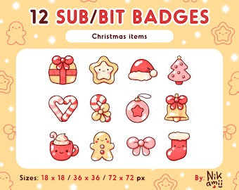 12 insignias de Navidad / insignias de Cheer Bit / Para Twitch, roles de Discord / Stream / Rosa, rojo, amarillo Artículos navideños / Lindo invierno, insignias de Navidad