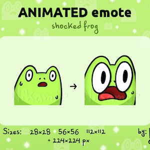 May include: Animated emote of a green frog with big eyes and an open mouth, looking shocked. The emote is in two frames, showing the frog's mouth opening wider in the second frame. The text "ANIMATED emote" and "shocked frog" is above the image. The text "Sizes: 28x28 56x56 112x112 + 224x224 px" is below the image. The text "by: Nik amii" is in the bottom right corner of the image.