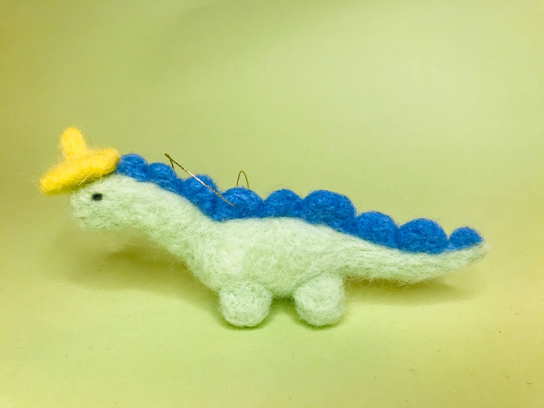 Needle Felted Green and Blue Dinosaur With Yellow Hat Hanging Etsy