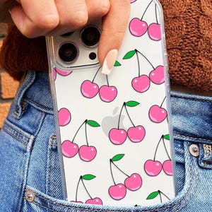 Pink Cherry Clear iPhone Case for iPhone 16 iPhone 15 iPhone 14 iPhone 13 iPhone 12 Phone Case for Her Gift, Aesthetic Retro Cherry Case