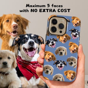 May include: A blue phone case with a pattern of dog faces. The text "Maximum 5 faces with NO EXTRA COST" is at the top of the image. The text "Caseluv" is at the bottom of the image.