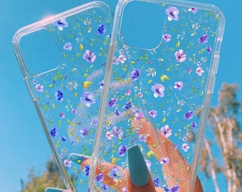Romantic Blue Aesthetic Wildflower Clear Phone Case for iPhone 16, 15, 14, 13, 12 pro, plus, pro max, mini  Coquette Purple phone case
