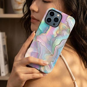 Abalone Shell Graphic iPhone Samsung Galaxy Case, Iridescent Marble Phone Cover, Pastel Opal Mother of Pearl Mosaic, Faux Stone Art Case