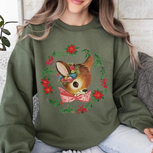 Vintage Style Reindeer with Wreath Sweatshirt, Christmas Ugly Sweater, Nostalgic X mas Sweatshirt, Winter Crewneck Shirt, Festive Women Gift