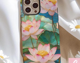 Aesthetic Stained Glass Lotus Flower Phone Case for iPhone 16 iPhone 15 iPhone 14 iPhone 13 pro max, Samsung Galaxy S24 Floral Phone Case