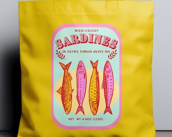 Sardine Can Tote Bag: Retro Fish Market Grocery Bag