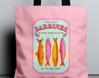 Sardine Tin Tote Bag, Tinned Fish Aesthetic Retro Can Print, Vacation Beach Bag, Fishcore Euro Summer Tote, Mediterranean beach bag
