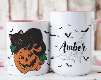 Custom Retro Halloween Cat Pumpkin Mug: Spooky Color Coffee Mug Horror Mugs