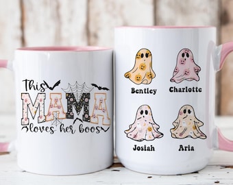 Spooky Ghost Mama and Kids Names Custom Mug, Halloween Coffee Mug, Ghost Mug, Halloween Party Gift, Two tone Mug Halloween Mug Gift for her