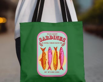 Retro Sardine Can Tote Bag Tinned Fish Tote, La dolce Vita Tote Bag Gift, Preppy Summer Vacation Preppy beach bag, Retro Sardine Grocery Bag