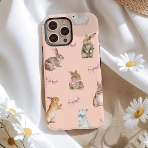 Coquette Easter Bunny Bow Phone Case for Easter, iPhone 16, 16e, 15, 14, 13, 12, Samsung S25, Pixel9, Rabbit Lover Aesthetic phone case