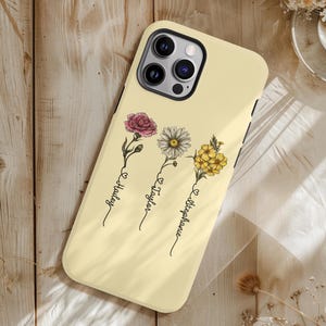 May include: A yellow phone case with a floral design and the words "Happy", "Together", and "Always" written on it.