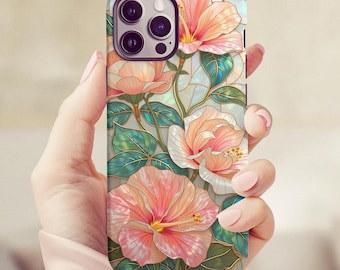 Hawaiian Hibiscus Stained Glass Aesthetic Phone Case for iPhone 16 iPhone 15 iPhone 14 iPhone 13 Pixel 9, Samsung Galaxy Tropical Phone Case