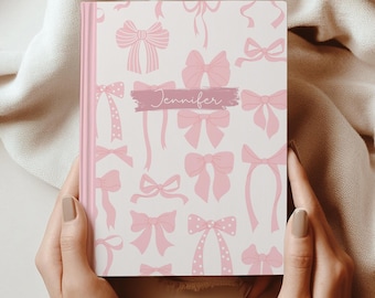 Pink Bow Coquette Hardcover Personalized Journal, Customized Notebook for Girls Women Aesthetic Journal Notebook