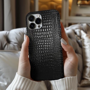 Crocodile Black Leather Print Phone Case, Animal Print Phone Case Trendy Phone Case for iPhone 16, 15, 14, 13, 12, 11 Samsung S24 Phone Case